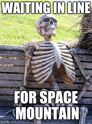 Waiting Skeleton Meme | WAITING IN LINE; FOR SPACE MOUNTAIN | image tagged in memes,waiting skeleton | made w/ Imgflip meme maker