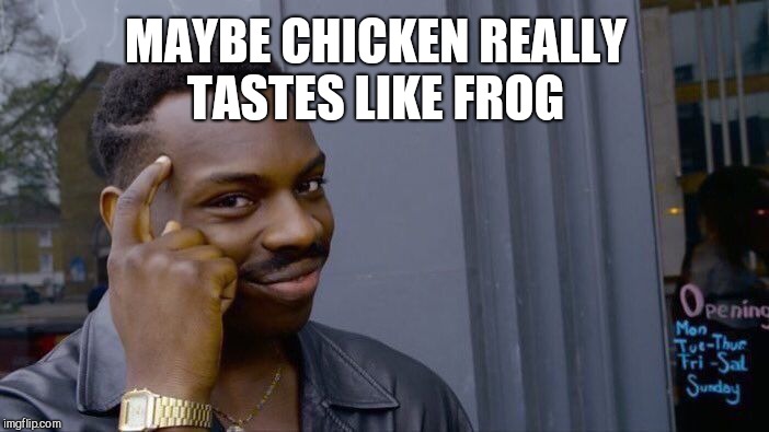 Roll Safe Think About It Meme | MAYBE CHICKEN REALLY TASTES LIKE FROG | image tagged in memes,roll safe think about it | made w/ Imgflip meme maker