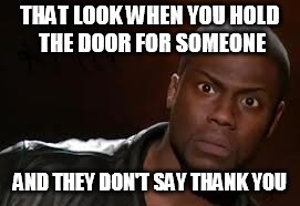Kevin Hart |  THAT LOOK WHEN YOU HOLD THE DOOR FOR SOMEONE; AND THEY DON'T SAY THANK YOU | image tagged in memes,kevin hart the hell | made w/ Imgflip meme maker
