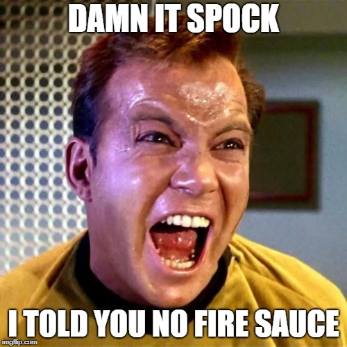 Kirk Scream | DAMN IT SPOCK; I TOLD YOU NO FIRE SAUCE | image tagged in kirk scream | made w/ Imgflip meme maker