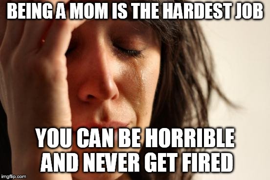 First World Problems | BEING A MOM IS THE HARDEST JOB; YOU CAN BE HORRIBLE AND NEVER GET FIRED | image tagged in memes,first world problems | made w/ Imgflip meme maker