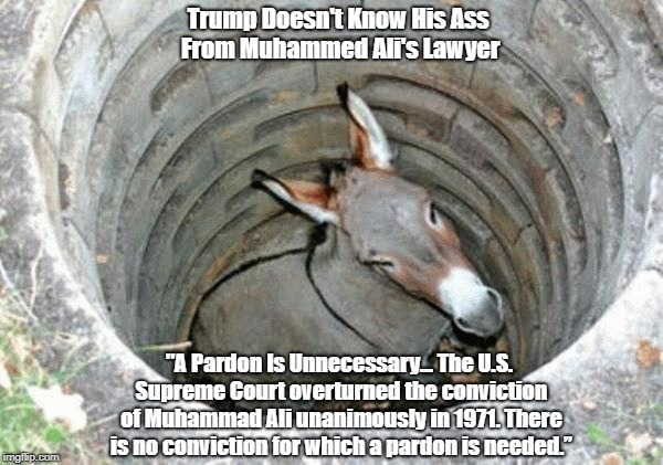Trump Doesn't Know His Ass From Muhammed Ali's Lawyer "A Pardon Is Unnecessary... The U.S. Supreme Court overturned the conviction of Muhamm | made w/ Imgflip meme maker
