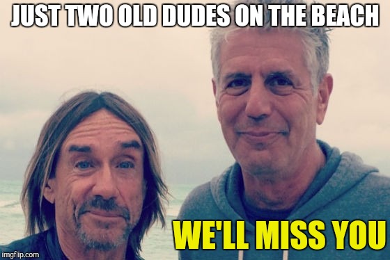 Whoda' Thought He Would Go First | JUST TWO OLD DUDES ON THE BEACH; WE'LL MISS YOU | image tagged in anthony bourdain,iggy pop | made w/ Imgflip meme maker