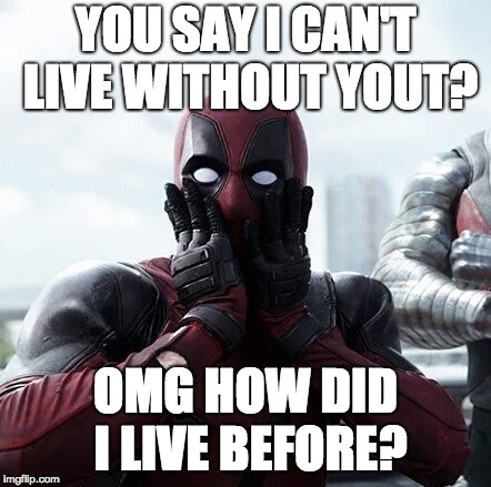 Deadpool Surprised Meme | YOU SAY I CAN'T LIVE WITHOUT YOUT? OMG HOW DID I LIVE BEFORE? | image tagged in memes,deadpool surprised | made w/ Imgflip meme maker