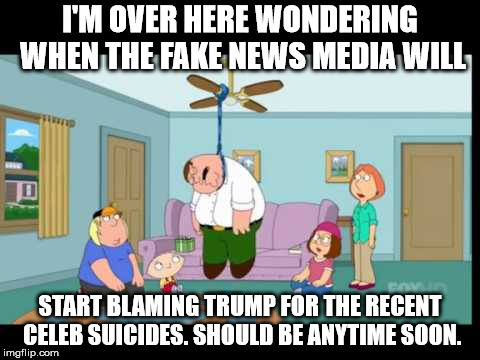 Celebrity suicides are on the rise. | I'M OVER HERE WONDERING WHEN THE FAKE NEWS MEDIA WILL; START BLAMING TRUMP FOR THE RECENT CELEB SUICIDES. SHOULD BE ANYTIME SOON. | image tagged in celebrity deaths,celebrity suicides,trump,fake news,you are fake news | made w/ Imgflip meme maker