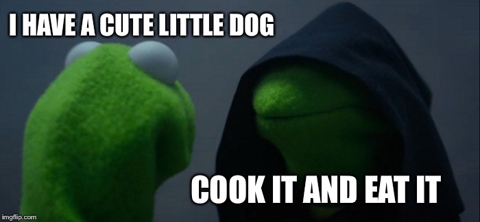 Evil Kermit | I HAVE A CUTE LITTLE DOG; COOK IT AND EAT IT | image tagged in memes,evil kermit | made w/ Imgflip meme maker