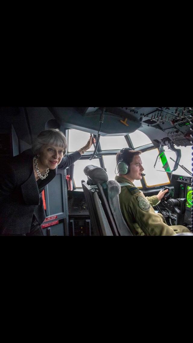 High Quality Theresa May on RAF plane Blank Meme Template