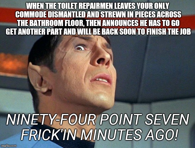 Anxious Spock | WHEN THE TOILET REPAIRMEN LEAVES YOUR ONLY COMMODE DISMANTLED AND STREWN IN PIECES ACROSS THE BATHROOM FLOOR, THEN ANNOUNCES HE HAS TO GO GET ANOTHER PART AND WILL BE BACK SOON TO FINISH THE JOB; NINETY-FOUR POINT SEVEN FRICK'IN MINUTES AGO! | image tagged in anxious spock,it's urgent | made w/ Imgflip meme maker