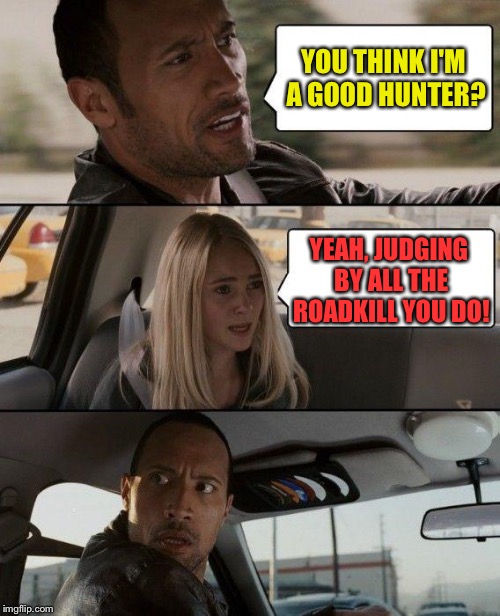 I hate when that happens. | YOU THINK I'M A GOOD HUNTER? YEAH, JUDGING BY ALL THE ROADKILL YOU DO! | image tagged in memes,the rock driving,hunting,funny | made w/ Imgflip meme maker