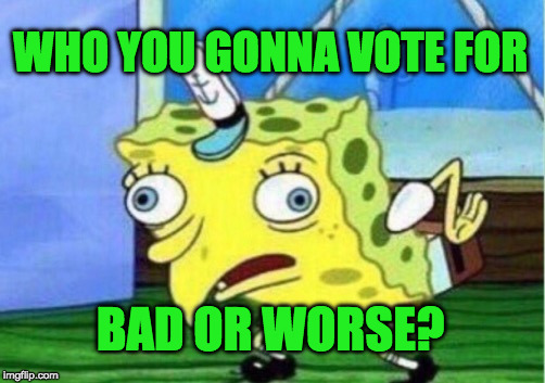 Mocking Spongebob Meme | WHO YOU GONNA VOTE FOR BAD OR WORSE? | image tagged in memes,mocking spongebob | made w/ Imgflip meme maker