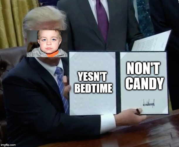 Trump Bill Signing Meme | YESN'T BEDTIME; NON'T CANDY | image tagged in memes,trump bill signing | made w/ Imgflip meme maker