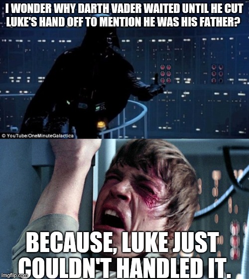 darth vader luke skywalker | I WONDER WHY DARTH VADER WAITED UNTIL HE CUT LUKE'S HAND OFF TO MENTION HE WAS HIS FATHER? BECAUSE, LUKE JUST COULDN'T HANDLED IT. | image tagged in darth vader luke skywalker | made w/ Imgflip meme maker