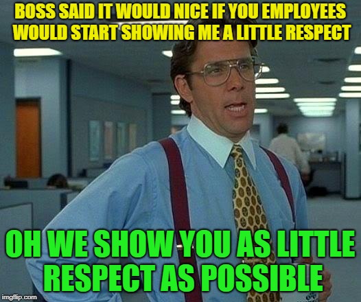 That was great..... | BOSS SAID IT WOULD NICE IF YOU EMPLOYEES WOULD START SHOWING ME A LITTLE RESPECT; OH WE SHOW YOU AS LITTLE RESPECT AS POSSIBLE | image tagged in memes,that would be great,funny,boss | made w/ Imgflip meme maker