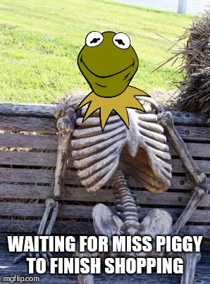 Waiting Skeleton Meme | WAITING FOR MISS PIGGY TO FINISH SHOPPING | image tagged in memes,waiting skeleton | made w/ Imgflip meme maker