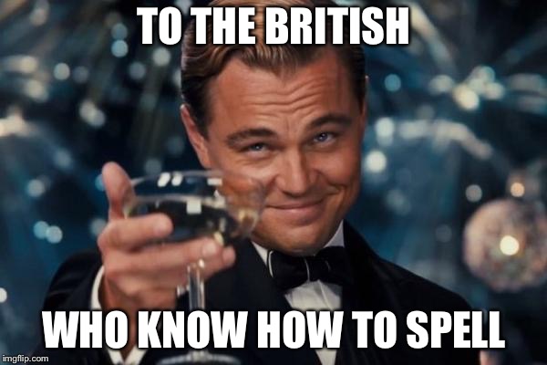 Leonardo Dicaprio Cheers Meme | TO THE BRITISH WHO KNOW HOW TO SPELL | image tagged in memes,leonardo dicaprio cheers | made w/ Imgflip meme maker