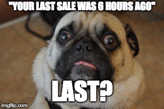 Pug worried | "YOUR LAST SALE WAS 6 HOURS AGO"; LAST? | image tagged in pug worried | made w/ Imgflip meme maker