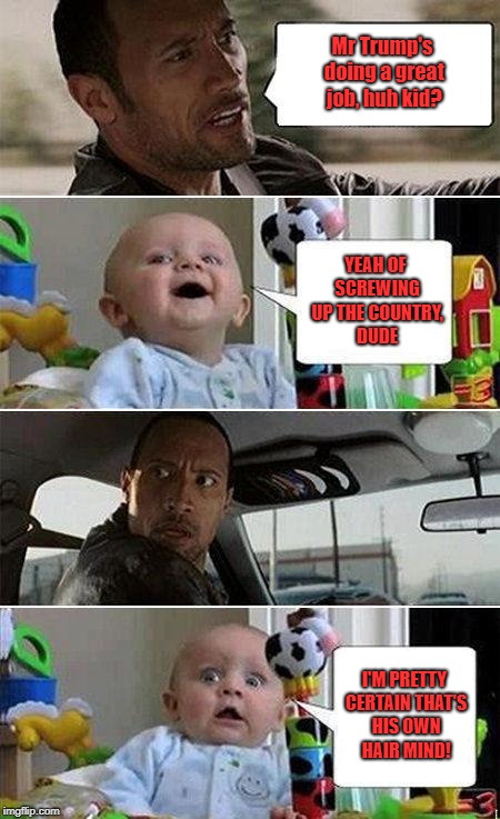 THE ROCK DRIVING BABY | Mr Trump's doing a great job, huh kid? YEAH OF SCREWING UP THE COUNTRY, DUDE; I'M PRETTY CERTAIN THAT'S HIS OWN HAIR MIND! | image tagged in the rock driving baby | made w/ Imgflip meme maker
