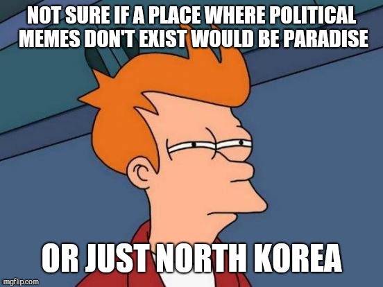 Futurama Fry | NOT SURE IF A PLACE WHERE POLITICAL MEMES DON'T EXIST WOULD BE PARADISE; OR JUST NORTH KOREA | image tagged in memes,futurama fry | made w/ Imgflip meme maker