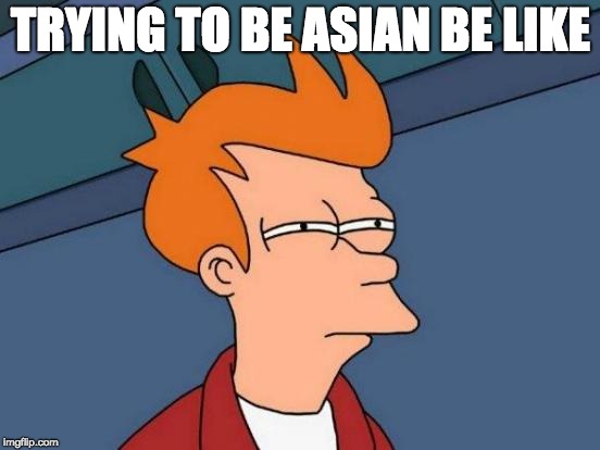 stolen from front page memes | TRYING TO BE ASIAN BE LIKE | image tagged in memes,futurama fry,funny memes | made w/ Imgflip meme maker