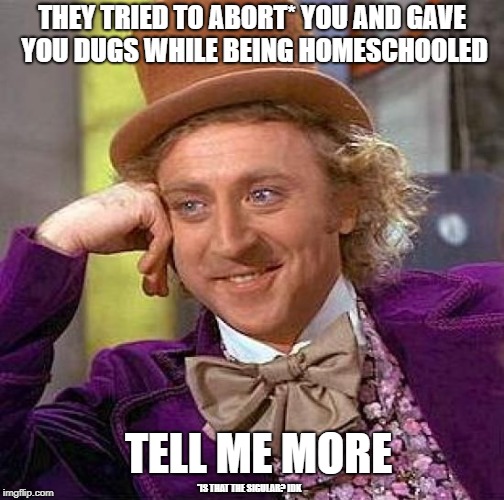 Creepy Condescending Wonka Meme | THEY TRIED TO ABORT* YOU AND GAVE YOU DUGS WHILE BEING HOMESCHOOLED TELL ME MORE *IS THAT THE SIGULAR? IDK | image tagged in memes,creepy condescending wonka | made w/ Imgflip meme maker