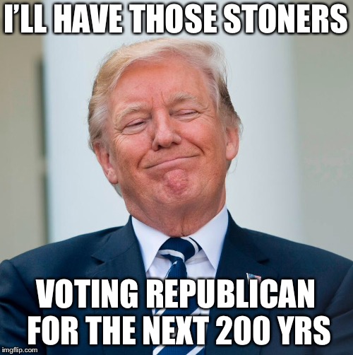 Trump to end federal ban on marijuana  | I’LL HAVE THOSE STONERS; VOTING REPUBLICAN FOR THE NEXT 200 YRS | image tagged in trump,politics,marijuana | made w/ Imgflip meme maker