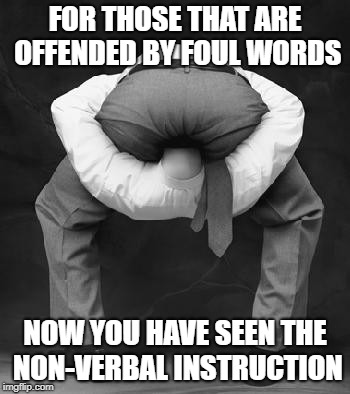 Non-verbal Instruction | FOR THOSE THAT ARE OFFENDED BY FOUL WORDS; NOW YOU HAVE SEEN THE NON-VERBAL INSTRUCTION | image tagged in ass,kiss my ass,up your ass | made w/ Imgflip meme maker