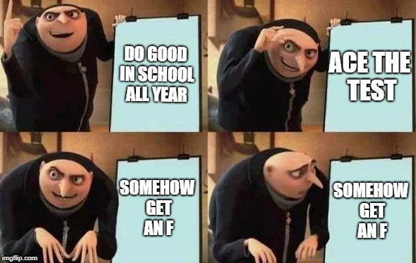 Gru's Plan Meme | DO GOOD IN SCHOOL ALL YEAR; ACE THE TEST; SOMEHOW GET AN F; SOMEHOW GET AN F | image tagged in gru's plan | made w/ Imgflip meme maker
