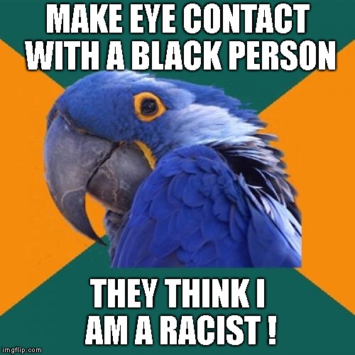 Paranoid Parrot | MAKE EYE CONTACT WITH A BLACK PERSON; THEY THINK I AM A RACIST ! | image tagged in memes,paranoid parrot | made w/ Imgflip meme maker