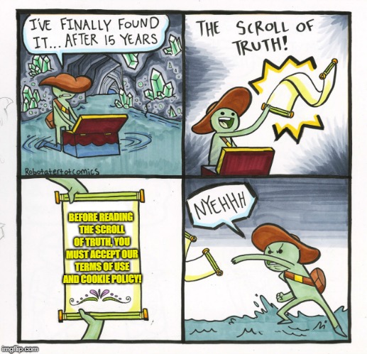 The scroll of GDPR | BEFORE READING THE SCROLL OF TRUTH, YOU MUST ACCEPT OUR TERMS OF USE AND COOKIE POLICY! | image tagged in memes,the scroll of truth,gdpr | made w/ Imgflip meme maker