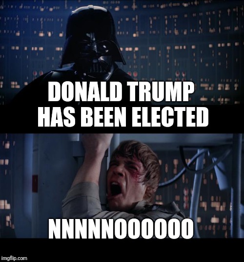 Star Wars No Meme | DONALD TRUMP HAS BEEN ELECTED; NNNNNOOOOOO | image tagged in memes,star wars no | made w/ Imgflip meme maker