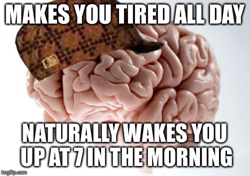 Scumbag Brain | MAKES YOU TIRED ALL DAY; NATURALLY WAKES YOU UP AT 7 IN THE MORNING | image tagged in memes,scumbag brain | made w/ Imgflip meme maker