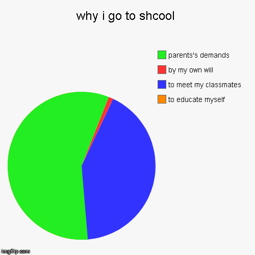 why i go to shcool | to educate myself, to meet my classmates, by my own will, parents's demands | image tagged in funny,pie charts | made w/ Imgflip chart maker