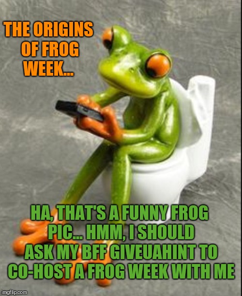 How it all started! lol Frog Week, June 4-10, a JBmemegeek & giveuahint event! | THE ORIGINS OF FROG WEEK... HA, THAT'S A FUNNY FROG PIC... HMM, I SHOULD ASK MY BFF GIVEUAHINT TO CO-HOST A FROG WEEK WITH ME | image tagged in frog on toilet,frog week,jbmemegeek,giveuahint,frogs,funny animals | made w/ Imgflip meme maker