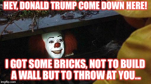 pennywise | HEY, DONALD TRUMP COME DOWN HERE! I GOT SOME BRICKS, NOT TO BUILD A WALL BUT TO THROW AT YOU... | image tagged in pennywise | made w/ Imgflip meme maker