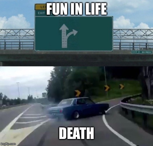 Left Exit 12 Off Ramp | FUN IN LIFE; DEATH | image tagged in memes,left exit 12 off ramp | made w/ Imgflip meme maker