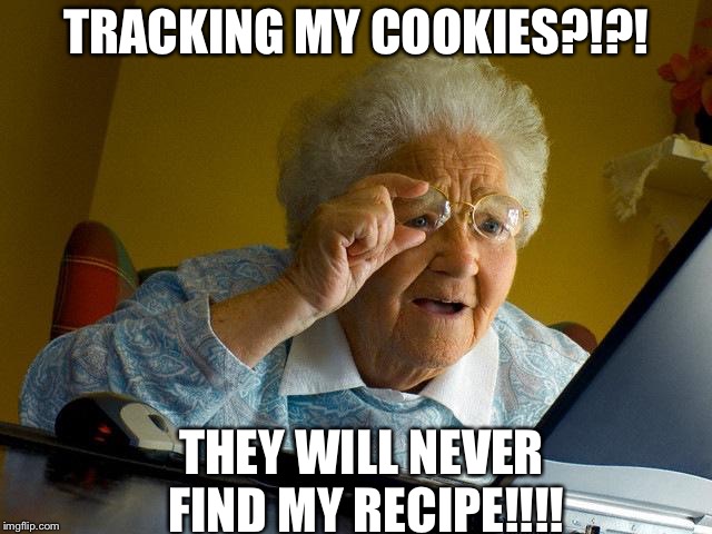 Grandma Finds The Internet Meme | TRACKING MY COOKIES?!?! THEY WILL NEVER FIND MY RECIPE!!!! | image tagged in memes,grandma finds the internet | made w/ Imgflip meme maker