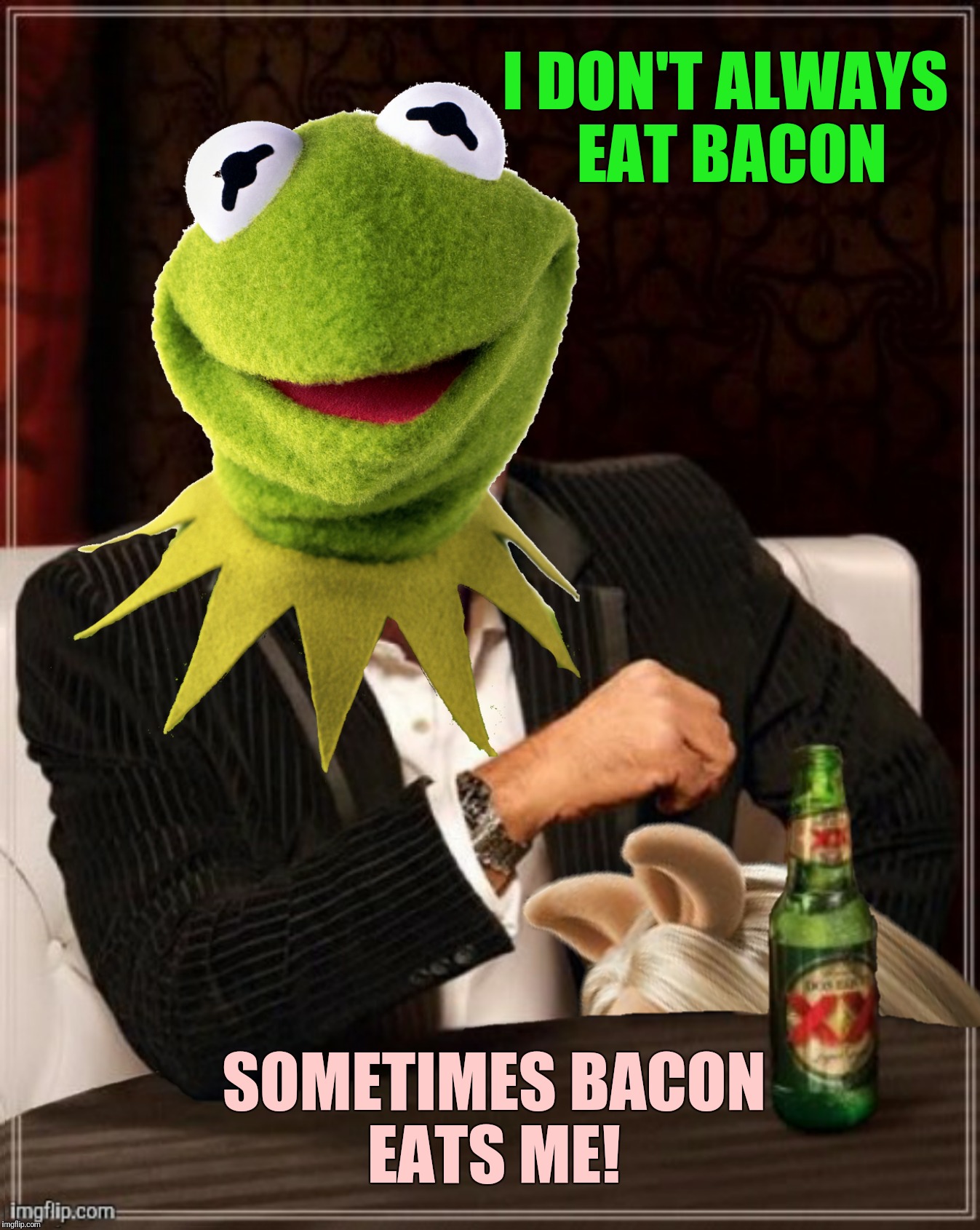 A resubmission suggested by Phantasmemegoric.  Bad Photoshop Sunday meets Frog Week June 4-10, a JBmemegeek & giveuahint event | I DON'T ALWAYS EAT BACON; SOMETIMES BACON EATS ME! | image tagged in bad photoshop sunday,frog week,the most interesting man in the world,the most interesting frog in the world,miss piggy | made w/ Imgflip meme maker