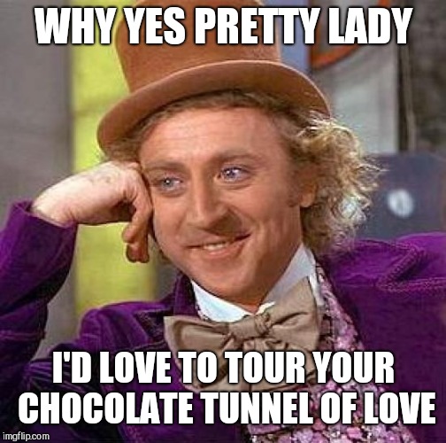 Creepy Condescending Wonka Meme | WHY YES PRETTY LADY I'D LOVE TO TOUR YOUR CHOCOLATE TUNNEL OF LOVE | image tagged in memes,creepy condescending wonka | made w/ Imgflip meme maker