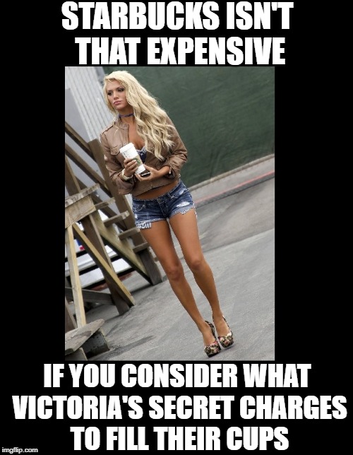 The price of that coffee is too damn high!  Wait...  That's a different meme | STARBUCKS ISN'T THAT EXPENSIVE; IF YOU CONSIDER WHAT VICTORIA'S SECRET CHARGES TO FILL THEIR CUPS | image tagged in funny memes,too damn high,victoriasecret,starbucks,babe,coffee | made w/ Imgflip meme maker