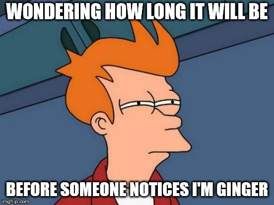 WONDERING HOW LONG IT WILL BE BEFORE SOMEONE NOTICES I'M GINGER | image tagged in memes,futurama fry | made w/ Imgflip meme maker