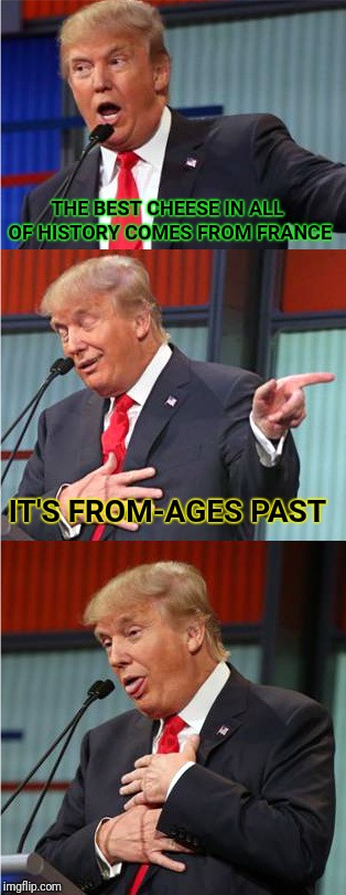 Bad Pun Trump | THE BEST CHEESE IN ALL OF HISTORY COMES FROM FRANCE; IT'S FROM-AGES PAST | image tagged in bad pun trump,cheese,france,bad pun | made w/ Imgflip meme maker