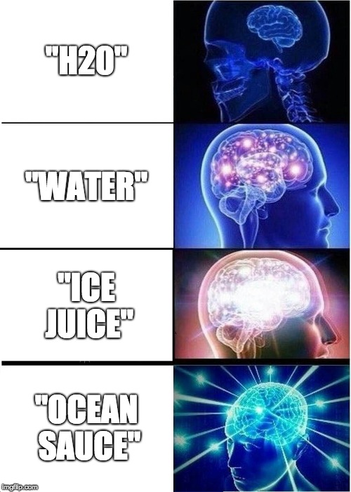 Expanding Brain Meme | "H20"; "WATER"; "ICE JUICE"; "OCEAN SAUCE" | image tagged in memes,expanding brain | made w/ Imgflip meme maker