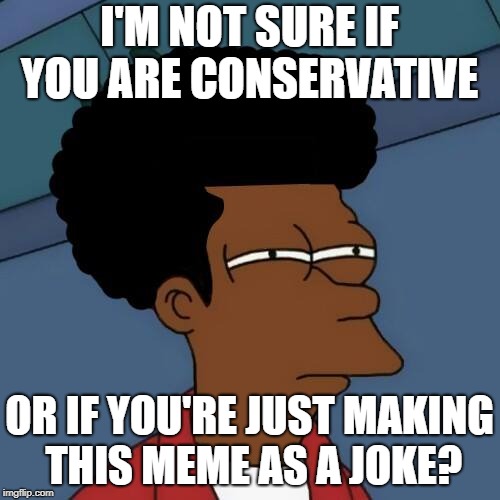 I'M NOT SURE IF YOU ARE CONSERVATIVE OR IF YOU'RE JUST MAKING THIS MEME AS A JOKE? | made w/ Imgflip meme maker