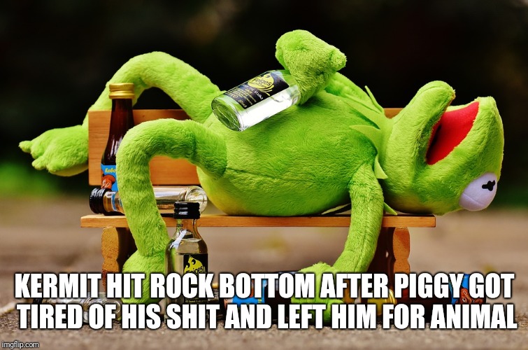 Kermit hits rock bottom | KERMIT HIT ROCK BOTTOM AFTER PIGGY GOT TIRED OF HIS SHIT AND LEFT HIM FOR ANIMAL | image tagged in kermit,frog week,rock bottom | made w/ Imgflip meme maker