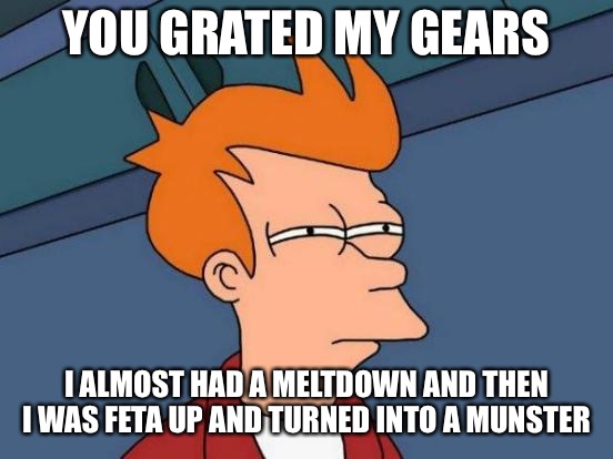 Futurama Fry Meme | YOU GRATED MY GEARS I ALMOST HAD A MELTDOWN AND THEN I WAS FETA UP AND TURNED INTO A MUNSTER | image tagged in memes,futurama fry | made w/ Imgflip meme maker