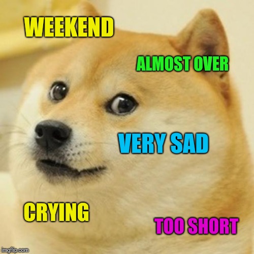 Doge Meme | WEEKEND; ALMOST OVER; VERY SAD; CRYING; TOO SHORT | image tagged in memes,doge | made w/ Imgflip meme maker