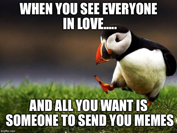 Unpopular Opinion Puffin Meme | WHEN YOU SEE EVERYONE IN LOVE..... AND ALL YOU WANT IS SOMEONE TO SEND YOU MEMES | image tagged in memes,unpopular opinion puffin | made w/ Imgflip meme maker