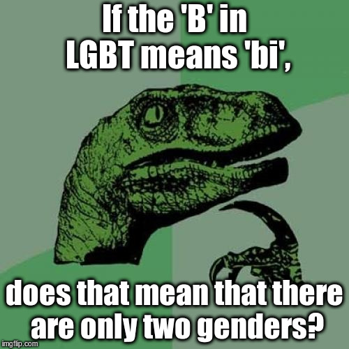 Results are in: it's a resounding 'YES'. | If the 'B' in LGBT means 'bi', does that mean that there are only two genders? | image tagged in memes,philosoraptor | made w/ Imgflip meme maker