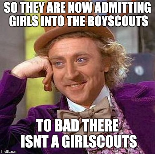 Creepy Condescending Wonka Meme | SO THEY ARE NOW ADMITTING GIRLS INTO THE BOYSCOUTS; TO BAD THERE ISNT A GIRLSCOUTS | image tagged in memes,creepy condescending wonka | made w/ Imgflip meme maker