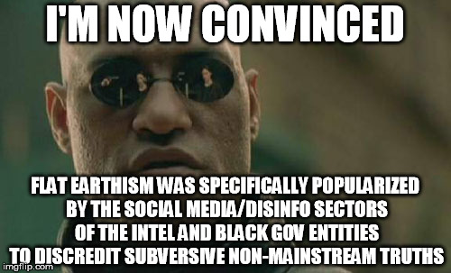 Matrix Morpheus Meme | I'M NOW CONVINCED FLAT EARTHISM WAS SPECIFICALLY POPULARIZED BY THE SOCIAL MEDIA/DISINFO SECTORS OF THE INTEL AND BLACK GOV ENTITIES TO DISC | image tagged in memes,matrix morpheus | made w/ Imgflip meme maker